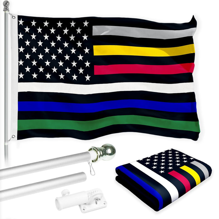 G128 Combo Pack: 6 Ft Tangle Free Spinning Flagpole (Silver) & Thin Line Civil Services Flag 3x5 Ft Printed 150D Polyester, Brass Grommets (Flag Included) Aluminum Flag Pole