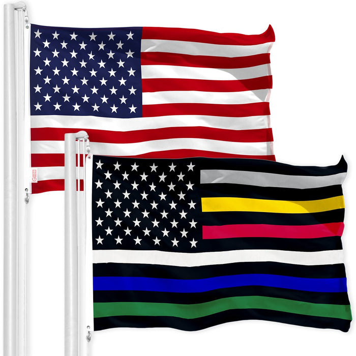 G128 Combo Pack: American USA Flag 3x5 Ft & Thin Line Civil Services Flag 3x5 Ft, Both Printed 150D Polyester, Indoor/Outdoor, Brass Grommets