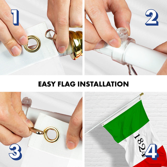G128 Combo Pack: 6 Ft Tangle Free Spinning Flagpole (White) & Alamo 1824 Flag 3x5 Ft Printed 150D Polyester, Brass Grommets (Flag Included) Aluminum Flag Pole