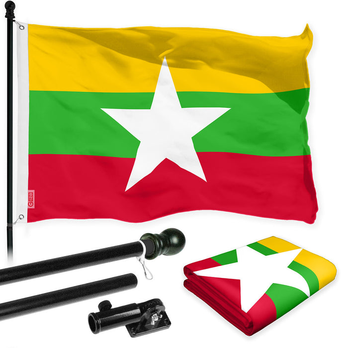 G128 Combo Pack: 6 Ft Tangle Free Spinning Flagpole (Black) & Myanmar Flag 3x5 Ft Printed 150D Polyester, Brass Grommets (Flag Included) Aluminum Flag Pole