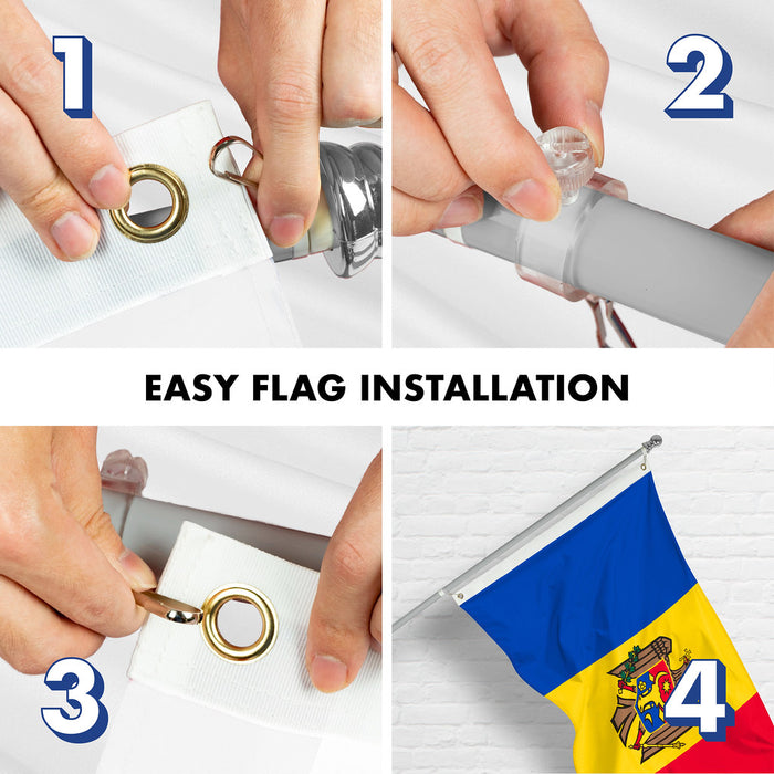 G128 Combo Pack: 6 Ft Tangle Free Spinning Flagpole (Silver) & Moldova Flag 3x5 Ft Printed 150D Polyester, Brass Grommets (Flag Included) Aluminum Flag Pole