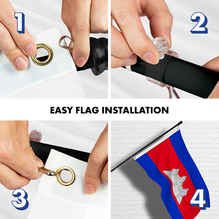 G128 Combo Pack: 6 Ft Tangle Free Spinning Flagpole (Black) & Cambodia Flag 3x5 Ft Printed 150D Polyester, Brass Grommets (Flag Included) Aluminum Flag Pole