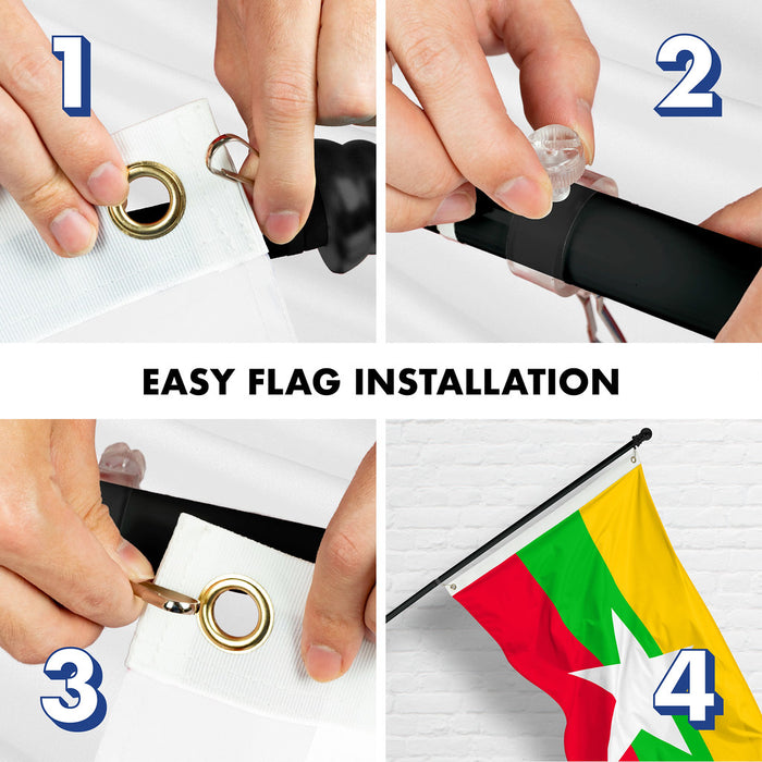 G128 Combo Pack: 6 Ft Tangle Free Spinning Flagpole (Black) & Myanmar Flag 3x5 Ft Printed 150D Polyester, Brass Grommets (Flag Included) Aluminum Flag Pole