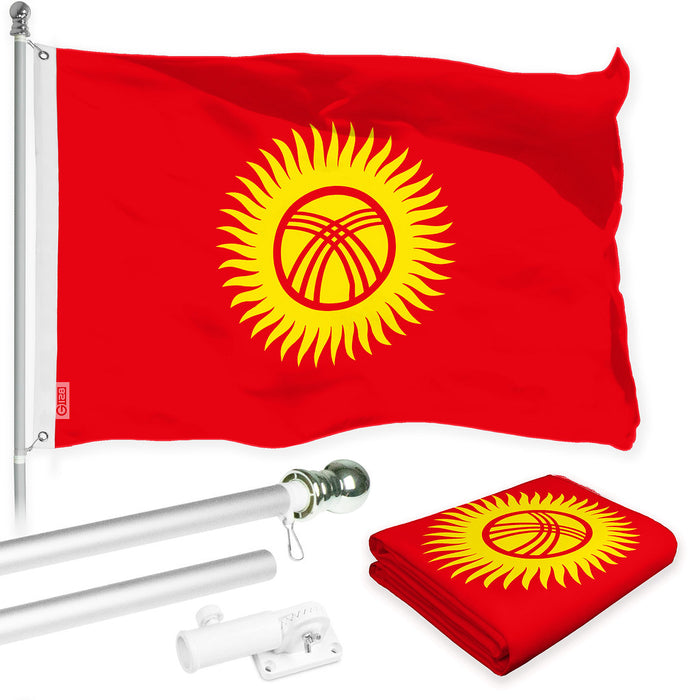 G128 Combo Pack: 6 Ft Tangle Free Spinning Flagpole (Silver) & Kyrgyzstan Flag 3x5 Ft Printed 150D Polyester, Brass Grommets (Flag Included) Aluminum Flag Pole