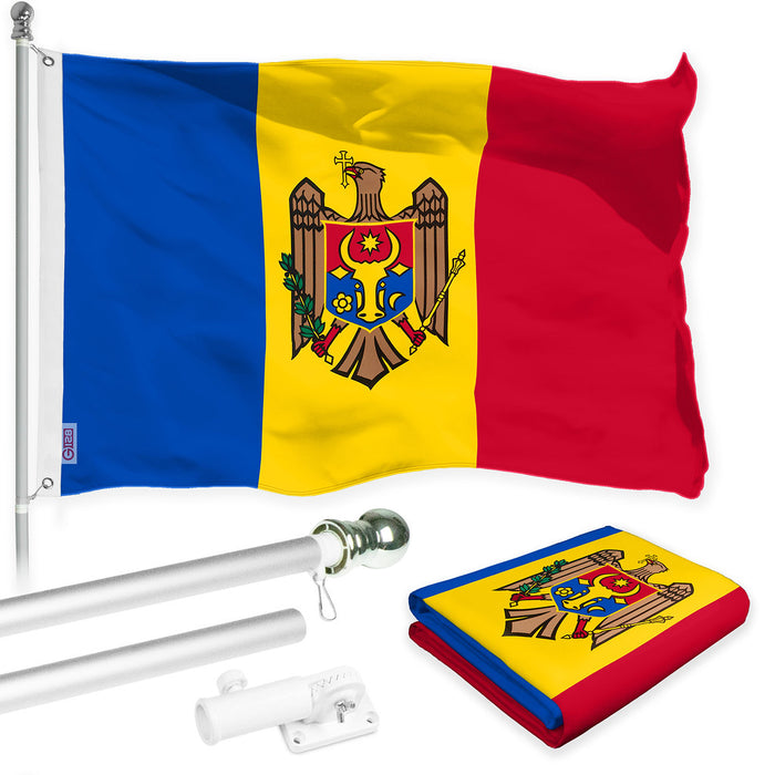 G128 Combo Pack: 6 Ft Tangle Free Spinning Flagpole (Silver) & Moldova Flag 3x5 Ft Printed 150D Polyester, Brass Grommets (Flag Included) Aluminum Flag Pole