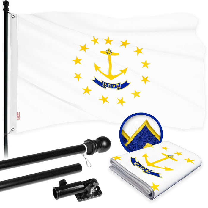 G128 Combo Pack: 6 Ft Tangle Free Aluminum Spinning Flagpole (Black) & Rhode Island No Golden Border  3x5 Ft, ToughWeave Series Embroidered 300D Polyester | Pole with Flag Included