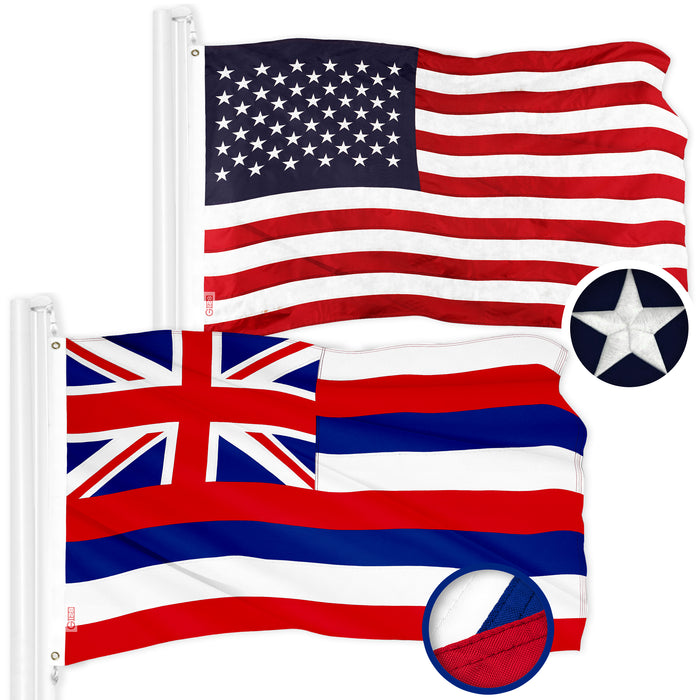 G128 Combo Pack: American USA Flag 3x5 Ft & Hawaii HI  3x5 Ft | Both ToughWeave Series Embroidered Polyester, Brass Grommets