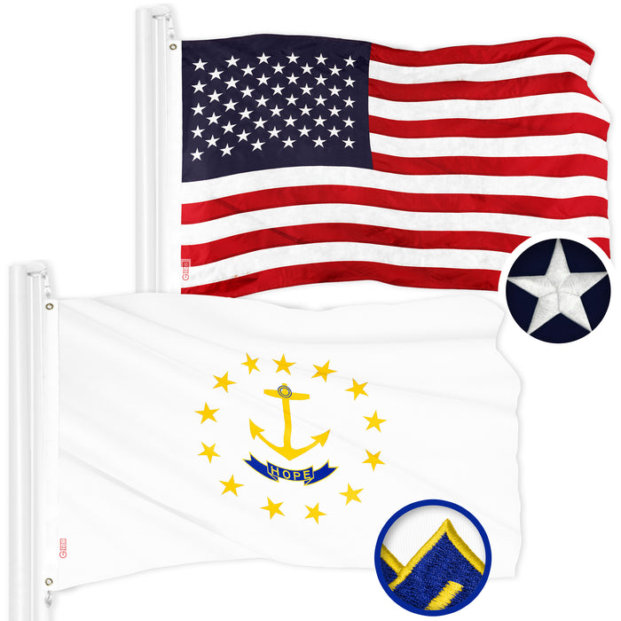 G128 Combo Pack: American USA Flag 3x5 Ft & Rhode Island No Golden Border  3x5 Ft | Both ToughWeave Series Embroidered Polyester, Brass Grommets