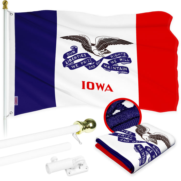 G128 Combo Pack: 6 Ft Tangle Free Aluminum Spinning Flagpole (White) & Iowa IA Deluxe  3x5 Ft, ToughWeave Series Embroidered 300D Polyester | Pole with Flag Included