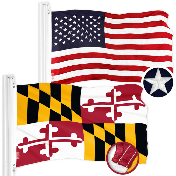 G128 Combo Pack: American USA Flag 2.5x4 Ft & Maryland MD  2.5x4 Ft | Both ToughWeave Series Embroidered 300D Polyester, Embroidered Design, Indoor/Outdoor, Brass Grommets