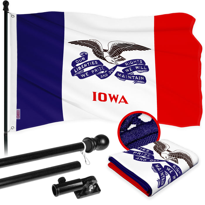 G128 Combo Pack: 6 Ft Tangle Free Aluminum Spinning Flagpole (Black) & Iowa IA Deluxe  3x5 Ft, ToughWeave Series Embroidered 300D Polyester | Pole with Flag Included