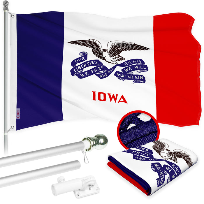 G128 Combo Pack: 6 Ft Tangle Free Aluminum Spinning Flagpole (Silver) & Iowa IA Deluxe State Flag 3x5 Ft, ToughWeave Series Embroidered 300D Polyester | Pole with Flag Included