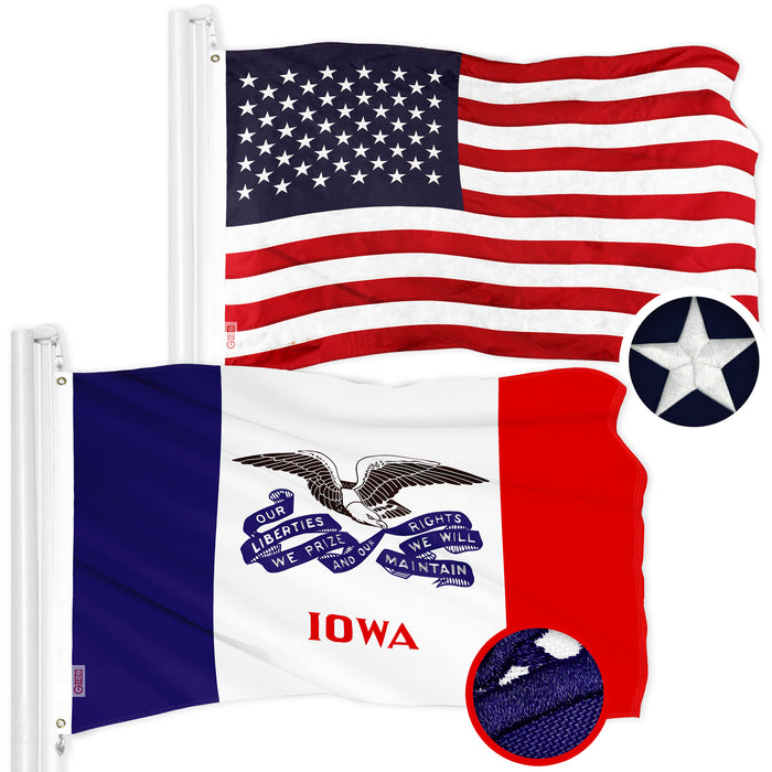 G128 Combo Pack: American USA Flag 3x5 Ft & Iowa IA Deluxe State Flag 3x5 Ft | Both ToughWeave Series Embroidered Polyester, Brass Grommets