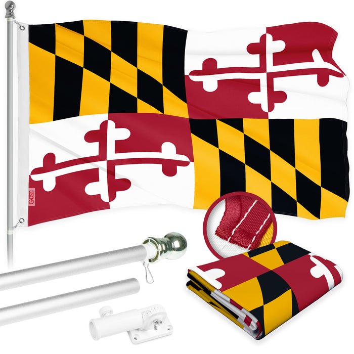 G128 Combo Pack: 5 Ft Tangle Free Aluminum Spinning Flagpole (Silver) & Maryland MD State Flag 2.5x4 Ft, ToughWeave Series Embroidered 300D Polyester | Pole with Flag Included