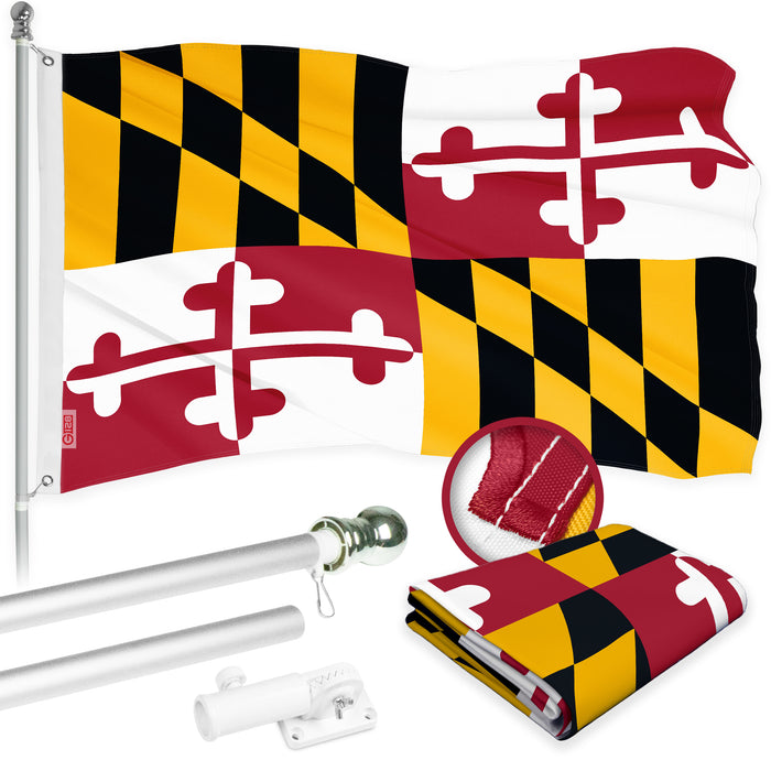 G128 Combo Pack: 5 Ft Tangle Free Aluminum Spinning Flagpole (Silver) & Maryland MD  2.5x4 Ft, ToughWeave Series Embroidered 300D Polyester | Pole with Flag Included