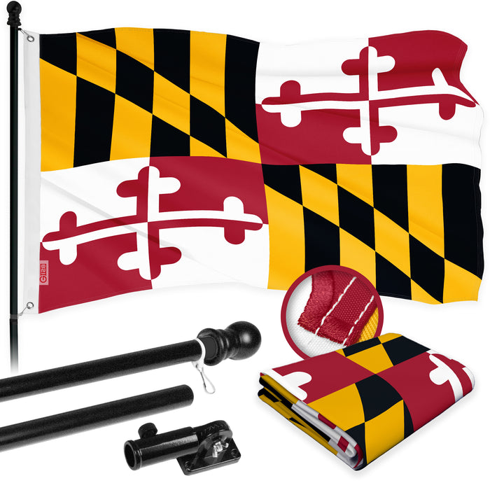 G128 Combo Pack: 5 Ft Tangle Free Aluminum Spinning Flagpole (Black) & Maryland MD State Flag 2x3 Ft, ToughWeave Series Embroidered 300D Polyester | Pole with Flag Included