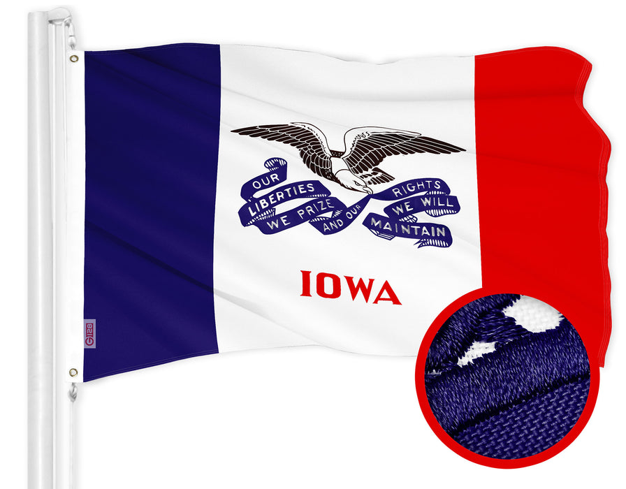 G128 Iowa IA Deluxe State Flag | 3x5 Ft | ToughWeave Series Embroidered 300D Polyester | Embroidered Design, Indoor/Outdoor, Brass Grommets