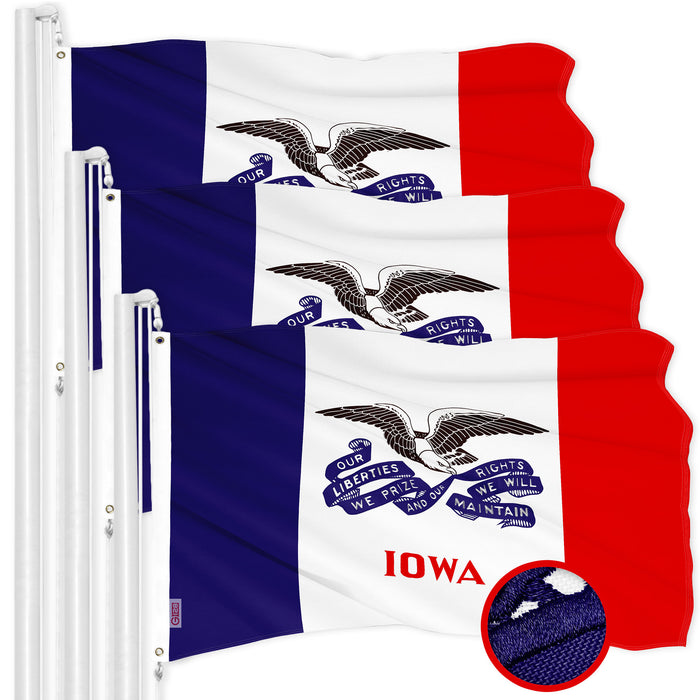 G128 3 Pack: Iowa IA Deluxe State Flag | 3x5 Ft | ToughWeave Series Embroidered 300D Polyester | Embroidered Design, Indoor/Outdoor, Vibrant Colors, Brass Grommets