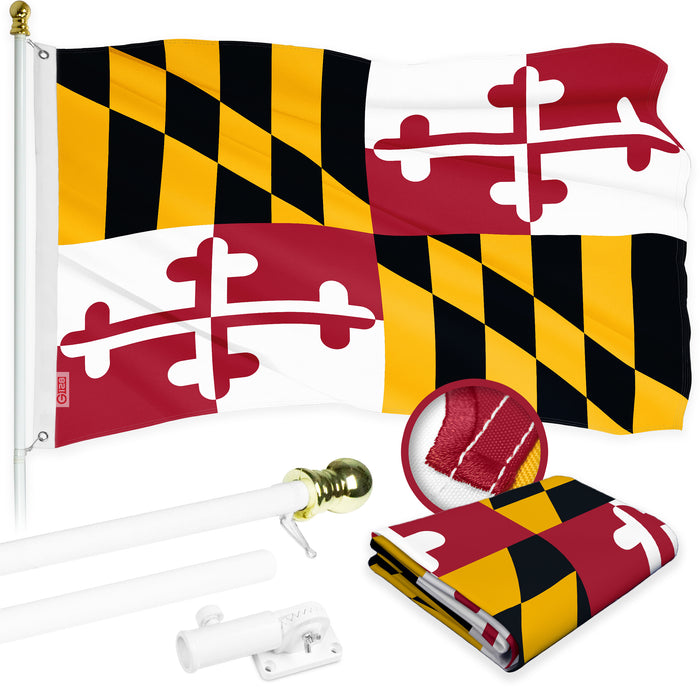 G128 Combo Pack: 5 Ft Tangle Free Aluminum Spinning Flagpole (White) & Maryland MD State Flag 2x3 Ft, ToughWeave Series Embroidered 300D Polyester | Pole with Flag Included