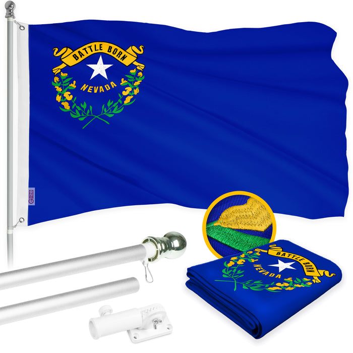 G128 Combo Pack: 6 Ft Tangle Free Aluminum Spinning Flagpole (Silver) & Nevada NV  3x5 Ft, ToughWeave Series Embroidered 300D Polyester | Pole with Flag Included