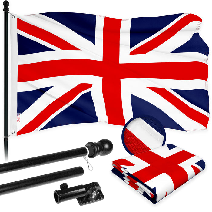 G128 Combo Pack: 6 Ft Tangle Free Aluminum Spinning Flagpole (Black) & United Kingdom UK Flag 3x5 Ft, ToughWeave Series Embroidered 300D Polyester | Pole with Flag Included