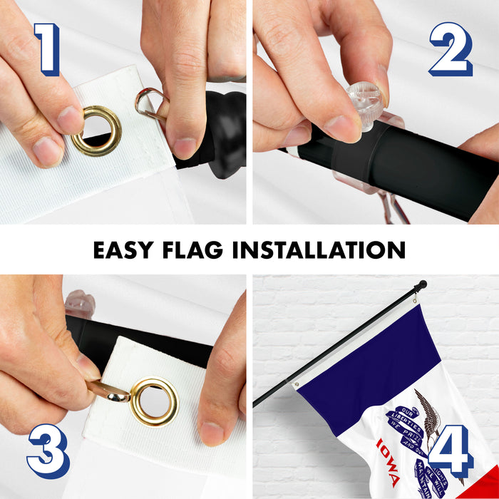 G128 Combo Pack: 6 Ft Tangle Free Aluminum Spinning Flagpole (Black) & Iowa IA Deluxe  3x5 Ft, ToughWeave Series Embroidered 300D Polyester | Pole with Flag Included