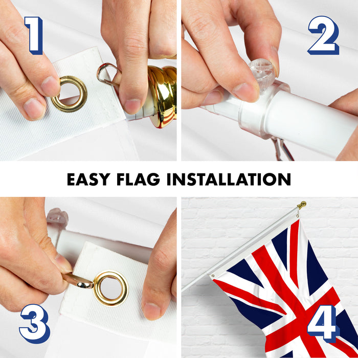 G128 Combo Pack: 6 Ft Tangle Free Aluminum Spinning Flagpole (White) & United Kingdom UK Flag 3x5 Ft, ToughWeave Series Embroidered 300D Polyester | Pole with Flag Included