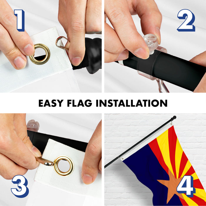G128 Combo Pack: 6 Ft Tangle Free Aluminum Spinning Flagpole (Black) & Arizona AZ State Flag 3x5 Ft, ToughWeave Series Embroidered 300D Polyester | Pole with Flag Included