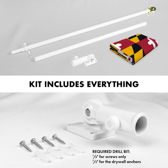 G128 Combo Pack: 5 Ft Tangle Free Aluminum Spinning Flagpole (White) & Maryland MD  2x3 Ft, ToughWeave Series Embroidered 300D Polyester | Pole with Flag Included
