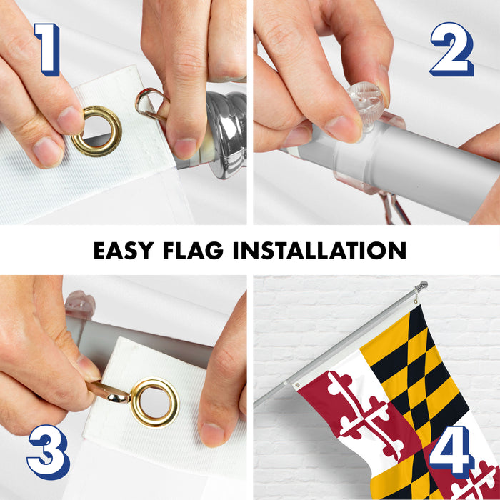 G128 Combo Pack: 5 Ft Tangle Free Aluminum Spinning Flagpole (Silver) & Maryland MD State Flag 2x3 Ft, ToughWeave Series Embroidered 300D Polyester | Pole with Flag Included