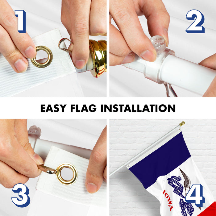 G128 Combo Pack: 6 Ft Tangle Free Aluminum Spinning Flagpole (White) & Iowa IA Deluxe  3x5 Ft, ToughWeave Series Embroidered 300D Polyester | Pole with Flag Included