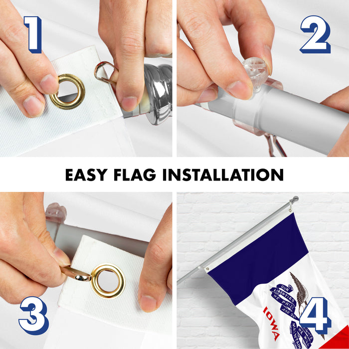 G128 Combo Pack: 6 Ft Tangle Free Aluminum Spinning Flagpole (Silver) & Iowa IA Deluxe State Flag 3x5 Ft, ToughWeave Series Embroidered 300D Polyester | Pole with Flag Included