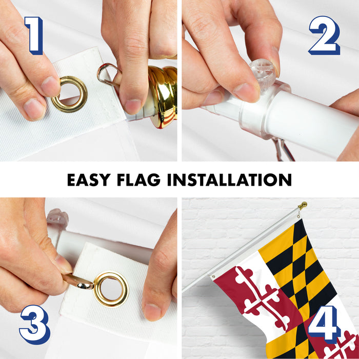 G128 Combo Pack: 6 Ft Tangle Free Aluminum Spinning Flagpole (White) & Maryland MD State Flag 3x5 Ft, ToughWeave Series Embroidered 300D Polyester | Pole with Flag Included