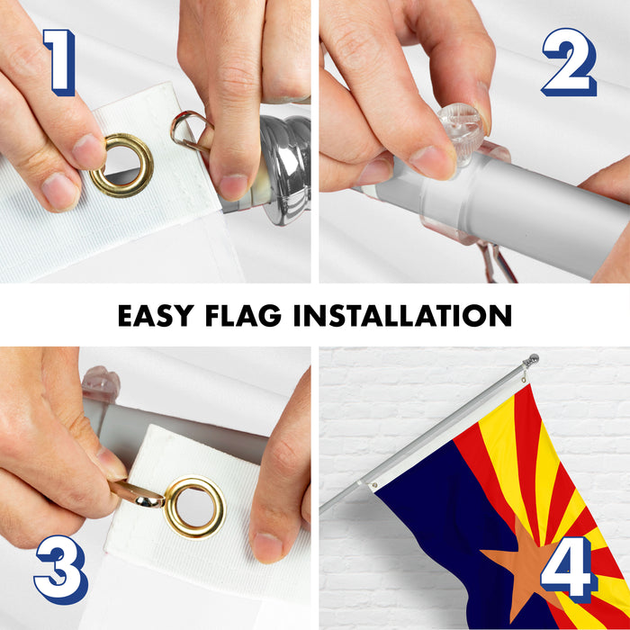 G128 Combo Pack: 6 Ft Tangle Free Aluminum Spinning Flagpole (Silver) & Arizona AZ State Flag 3x5 Ft, ToughWeave Series Embroidered 300D Polyester | Pole with Flag Included
