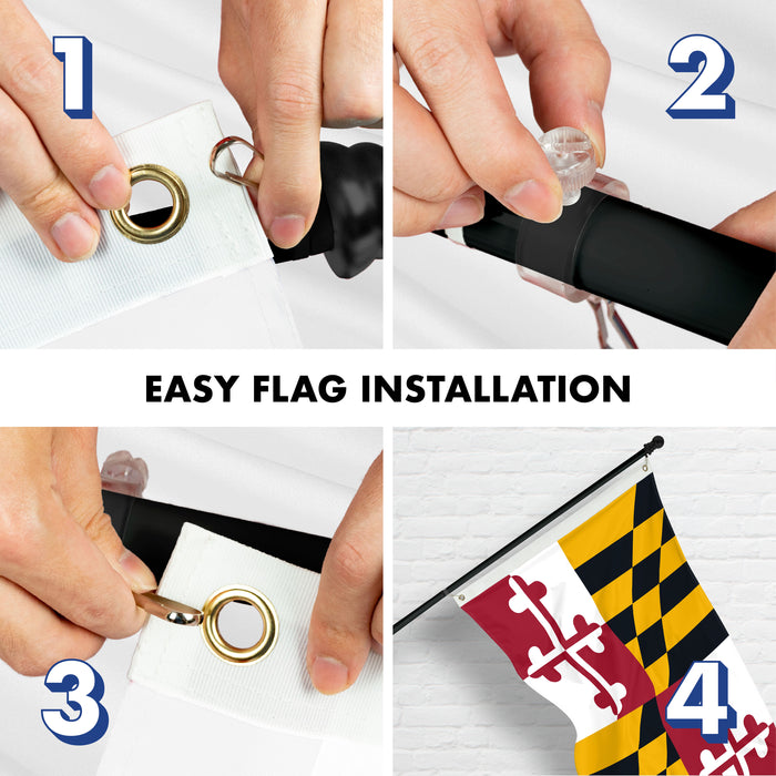 G128 Combo Pack: 6 Ft Tangle Free Aluminum Spinning Flagpole (Black) & Maryland MD State Flag 3x5 Ft, ToughWeave Series Embroidered 300D Polyester | Pole with Flag Included