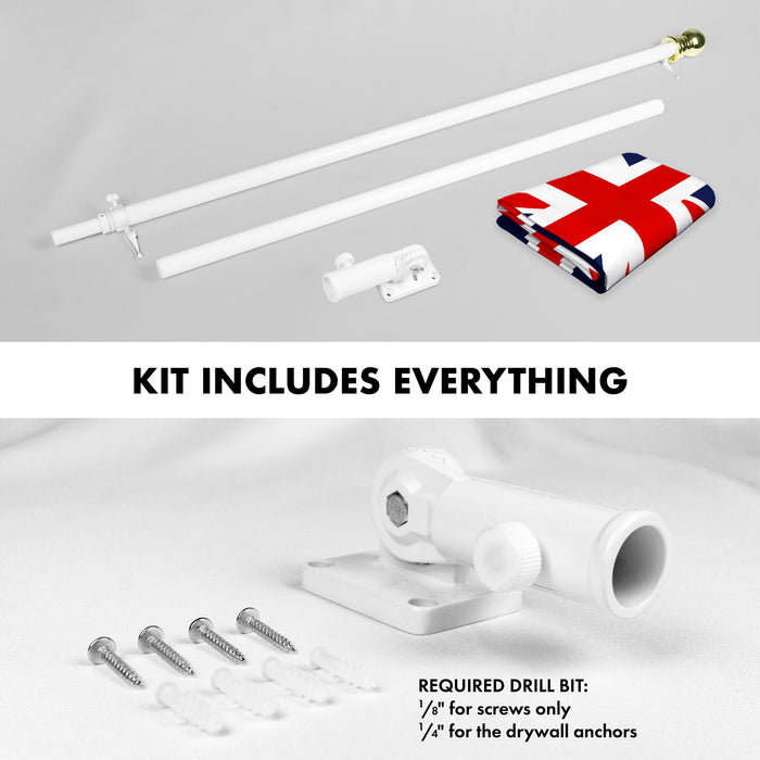 G128 Combo Pack: 6 Ft Tangle Free Aluminum Spinning Flagpole (White) & United Kingdom UK Flag 3x5 Ft, ToughWeave Series Embroidered 300D Polyester | Pole with Flag Included