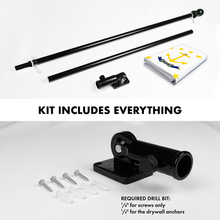 G128 Combo Pack: 6 Ft Tangle Free Aluminum Spinning Flagpole (Black) & Rhode Island No Golden Border  3x5 Ft, ToughWeave Series Embroidered 300D Polyester | Pole with Flag Included