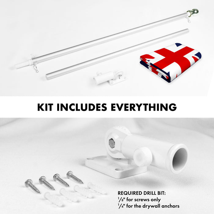 G128 Combo Pack: 6 Ft Tangle Free Aluminum Spinning Flagpole (Silver) & United Kingdom UK Flag 3x5 Ft, ToughWeave Series Embroidered 300D Polyester | Pole with Flag Included