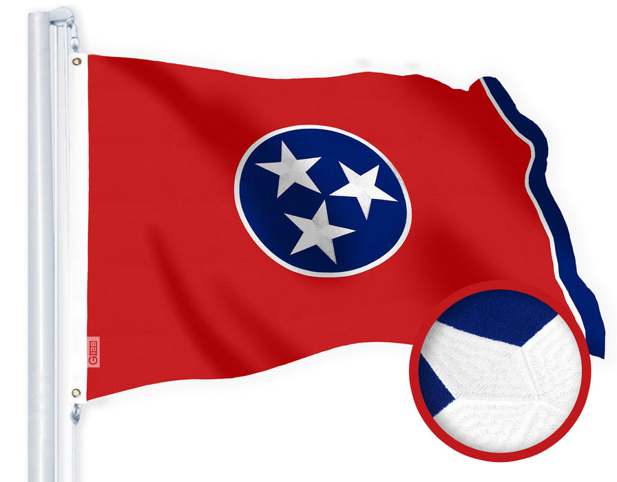 G128 Tennessee State Flag | 3x5 Ft | StormFlyer Series Embroidered 220GSM Spun Polyester | Embroidered Design, Indoor/Outdoor, Brass Grommets, Heavy Duty, All Weather