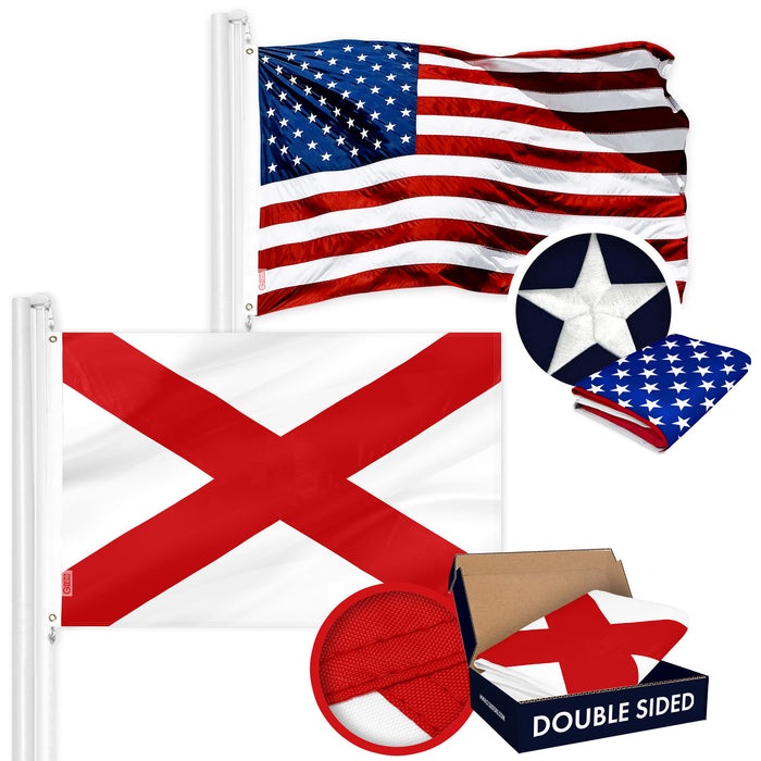 G128 Combo Pack: American USA Flag ToughWeave Series 3x5 Ft Single Sided & Alabama AL  Double Sided 3x5 Ft Double ToughWeave Series | Both Embroidered Polyester, Brass Grommets