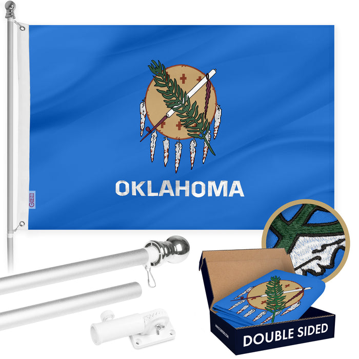 G128 Combo Pack: 6 Ft Tangle Free Aluminum Spinning Flagpole (Silver) & Oklahoma OK  3x5 Ft, Double ToughWeave Series Double Sided Embroidered 210D Polyester | Pole with Flag Included