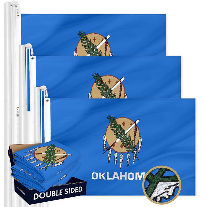 G128 3 Pack: Oklahoma OK  | 3x5 Ft | Double ToughWeave Series Double Sided Embroidered 210D Polyester | Embroidered Design, Indoor/Outdoor, Brass Grommets, Heavy Duty, 2-ply