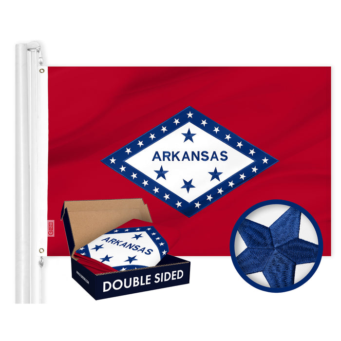 G128 Combo Pack: American USA Flag ToughWeave Series 3x5 Ft Single Sided & Arkansas AR  Double Sided 3x5 Ft Double ToughWeave Series | Both Embroidered Polyester, Brass Grommets