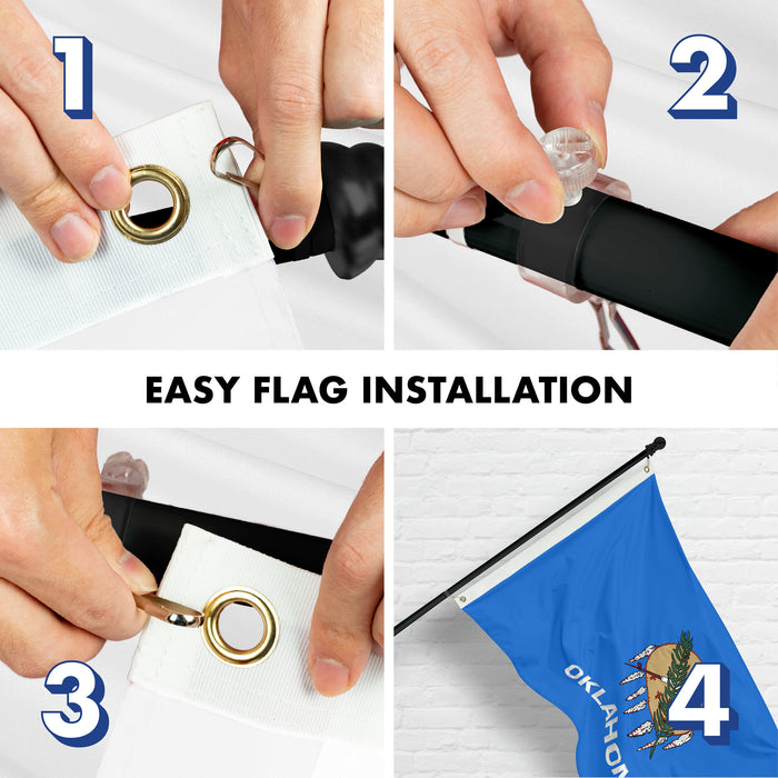 G128 Combo Pack: 6 Ft Tangle Free Aluminum Spinning Flagpole (Black) & Oklahoma OK  3x5 Ft, Double ToughWeave Series Double Sided Embroidered 210D Polyester | Pole with Flag Included