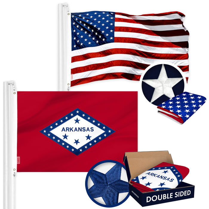G128 Combo Pack: American USA Flag ToughWeave Series 3x5 Ft Single Sided & Arkansas AR  Double Sided 3x5 Ft Double ToughWeave Series | Both Embroidered Polyester, Brass Grommets