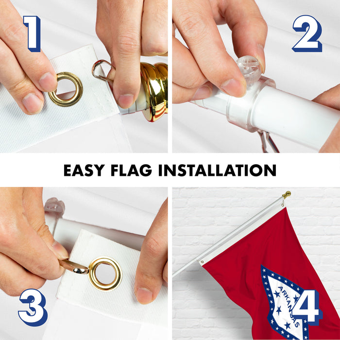 G128 Combo Pack: 6 Ft Tangle Free Aluminum Spinning Flagpole (White) & Arkansas AR  3x5 Ft, Double ToughWeave Series Double Sided Embroidered 210D Polyester | Pole with Flag Included