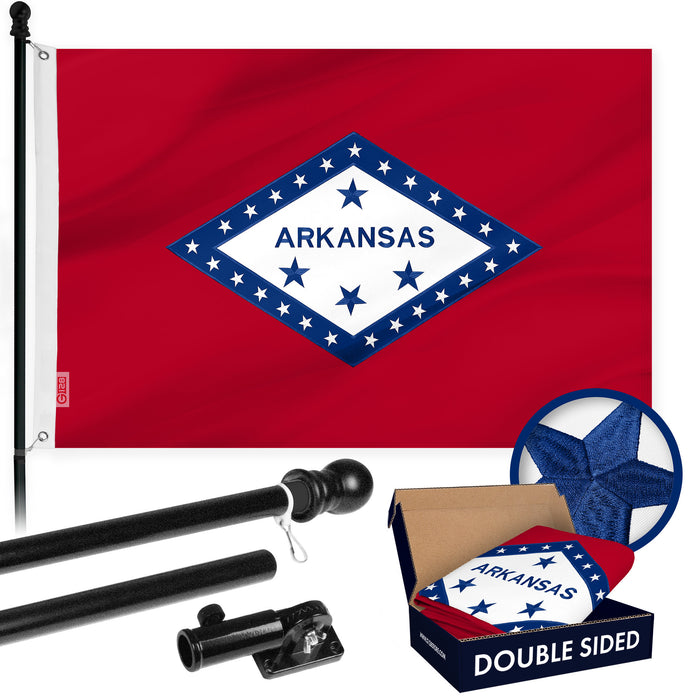 G128 Combo Pack: 6 Ft Tangle Free Aluminum Spinning Flagpole (Black) & Arkansas AR  3x5 Ft, Double ToughWeave Series Double Sided Embroidered 210D Polyester | Pole with Flag Included