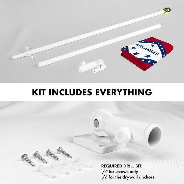 G128 Combo Pack: 6 Ft Tangle Free Aluminum Spinning Flagpole (White) & Arkansas AR  3x5 Ft, Double ToughWeave Series Double Sided Embroidered 210D Polyester | Pole with Flag Included