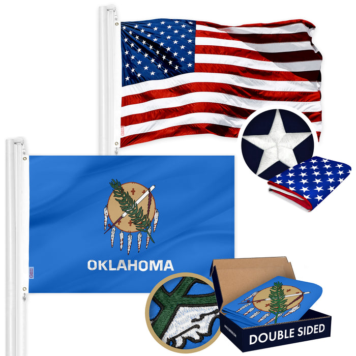 G128 Combo Pack: American USA Flag ToughWeave Series 3x5 Ft Single Sided & Oklahoma OK  Double Sided 3x5 Ft Double ToughWeave Series | Both Embroidered Polyester, Brass Grommets
