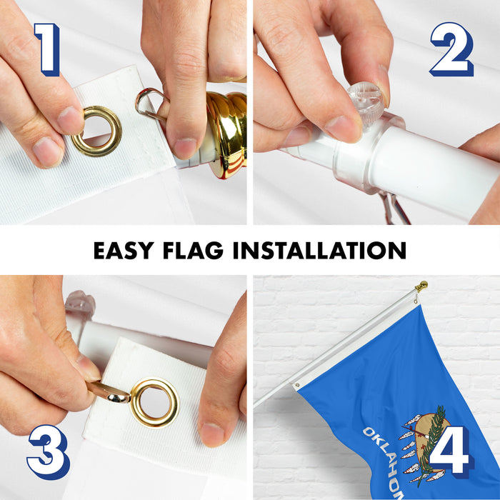 G128 Combo Pack: 6 Ft Tangle Free Aluminum Spinning Flagpole (White) & Oklahoma OK  3x5 Ft, Double ToughWeave Series Double Sided Embroidered 210D Polyester | Pole with Flag Included